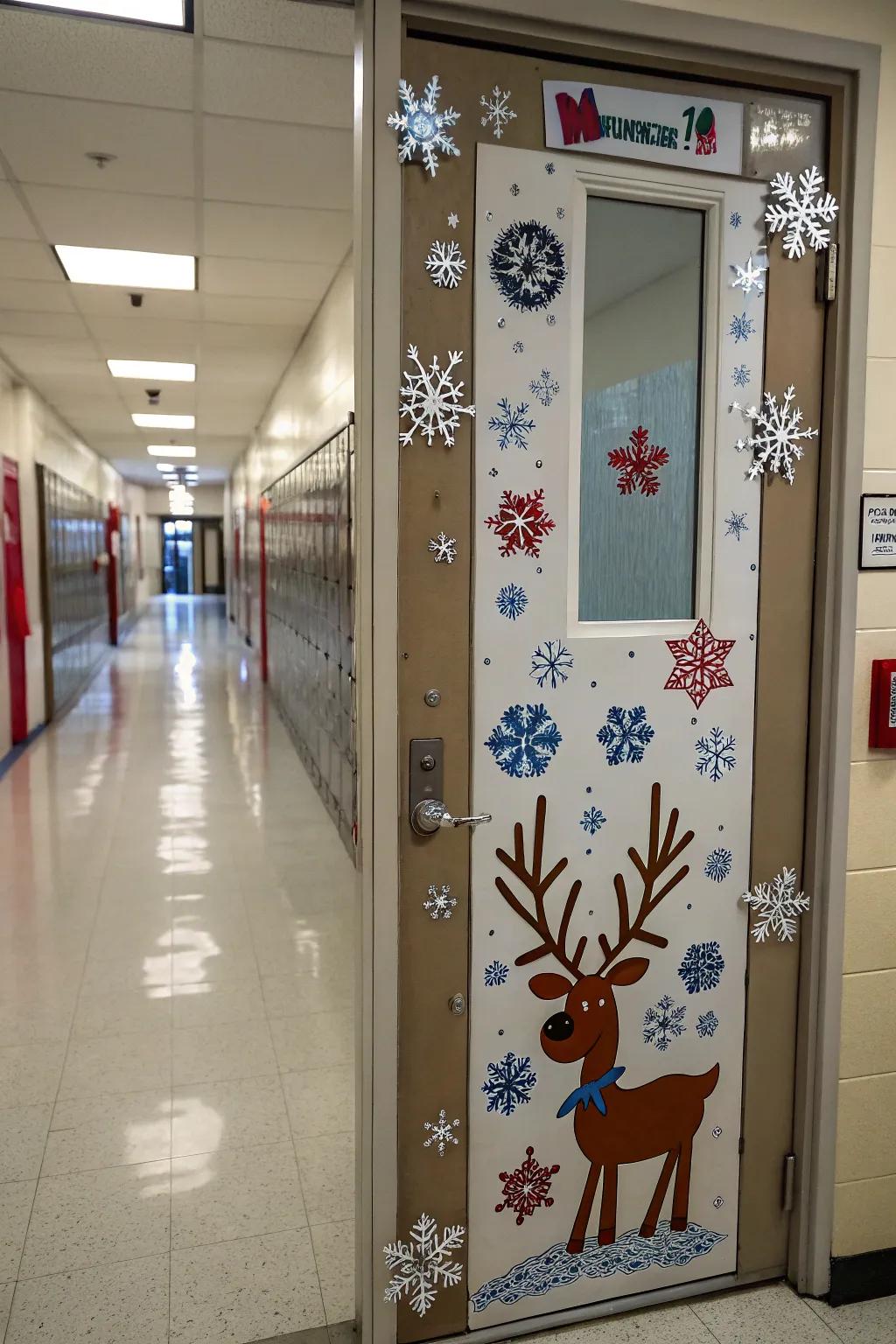 A winter-inspired 'Santa's Helpers' theme decorates the school nurse's door.