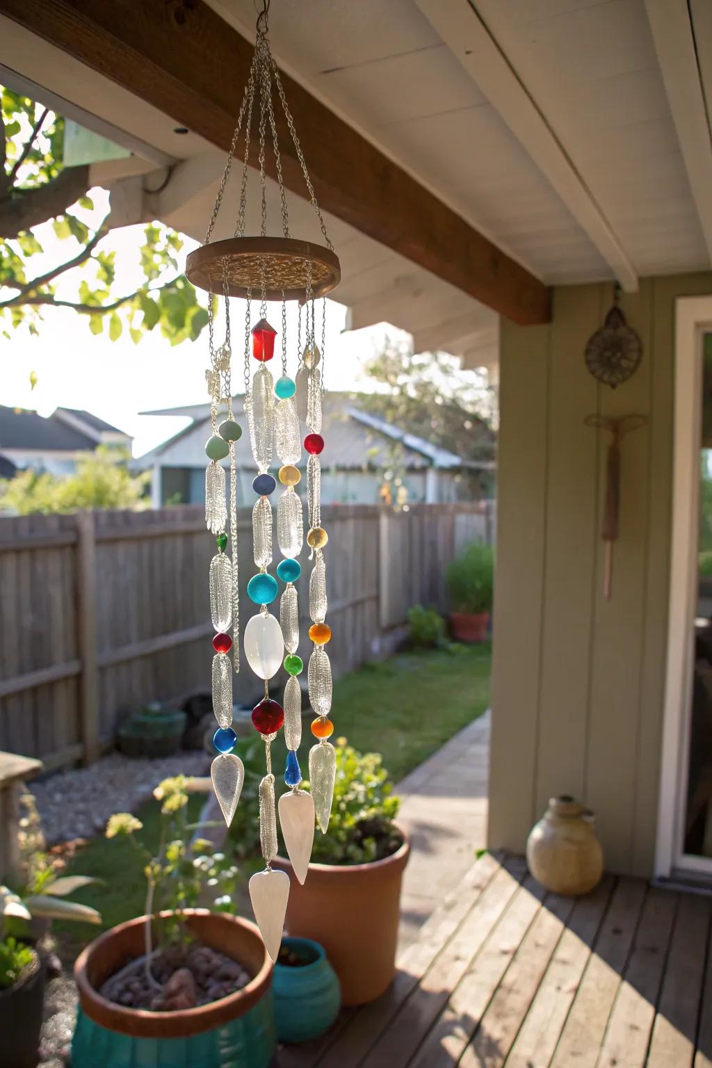 Sea glass wind chimes contribute a whimsical charm to outdoor settings.
