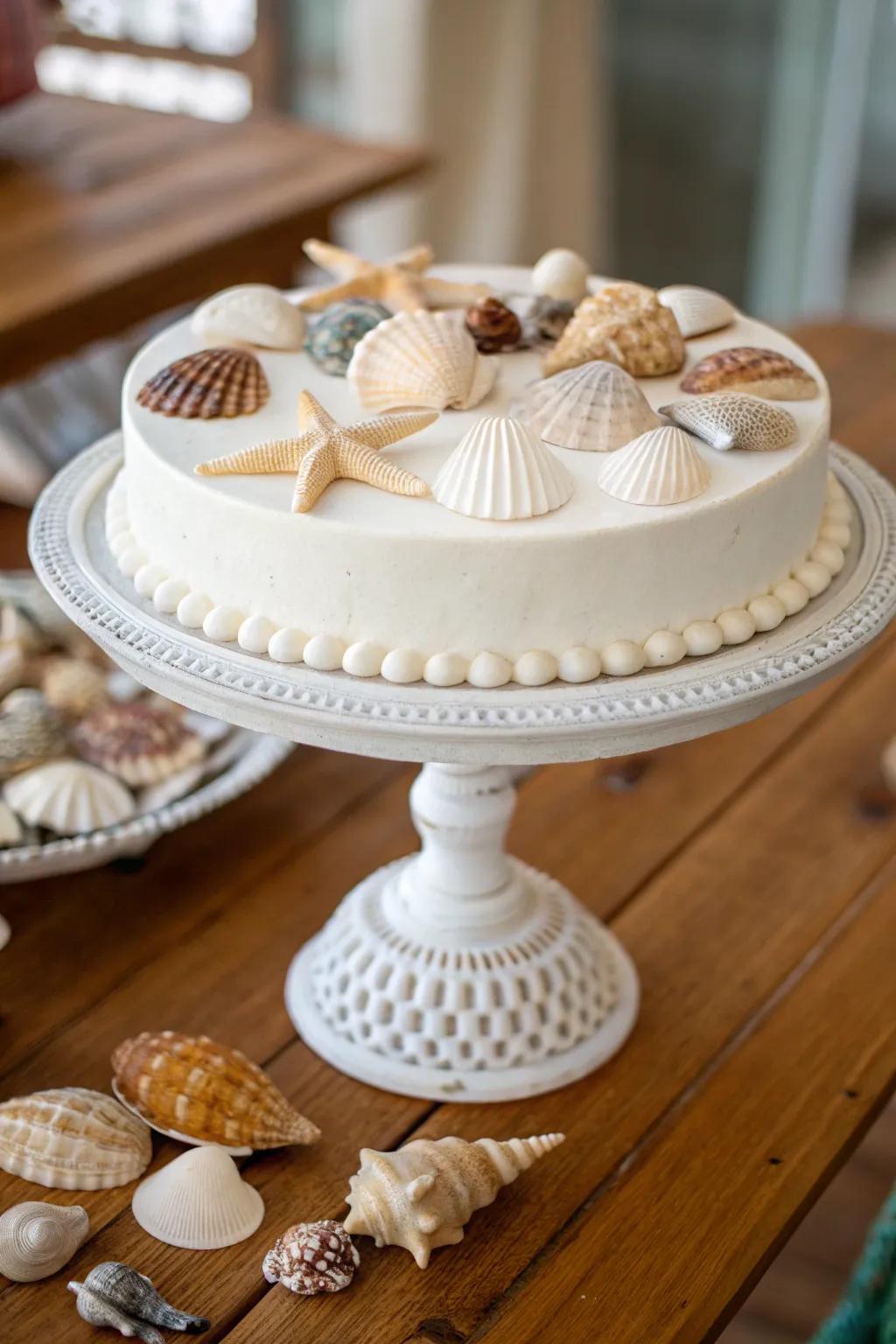 Seashells gracefully showcased on a cake tier, injecting height and charm into your setting.