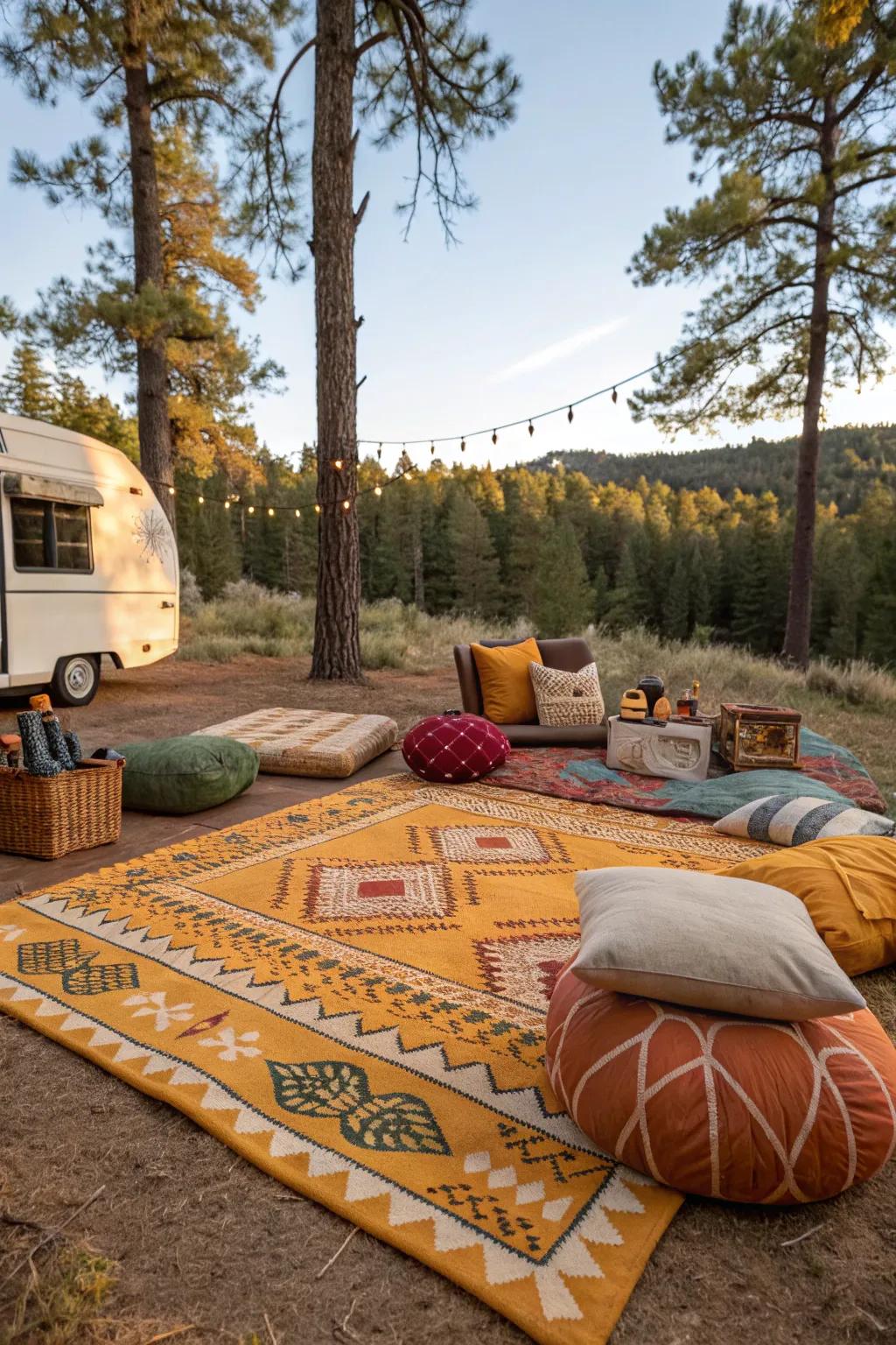 A seasonal rug adds charm and comfort to your campsite.