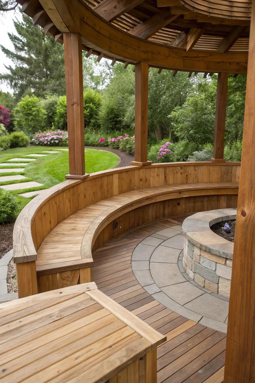 Contoured seating that complements the patio's form enhances the communal atmosphere.