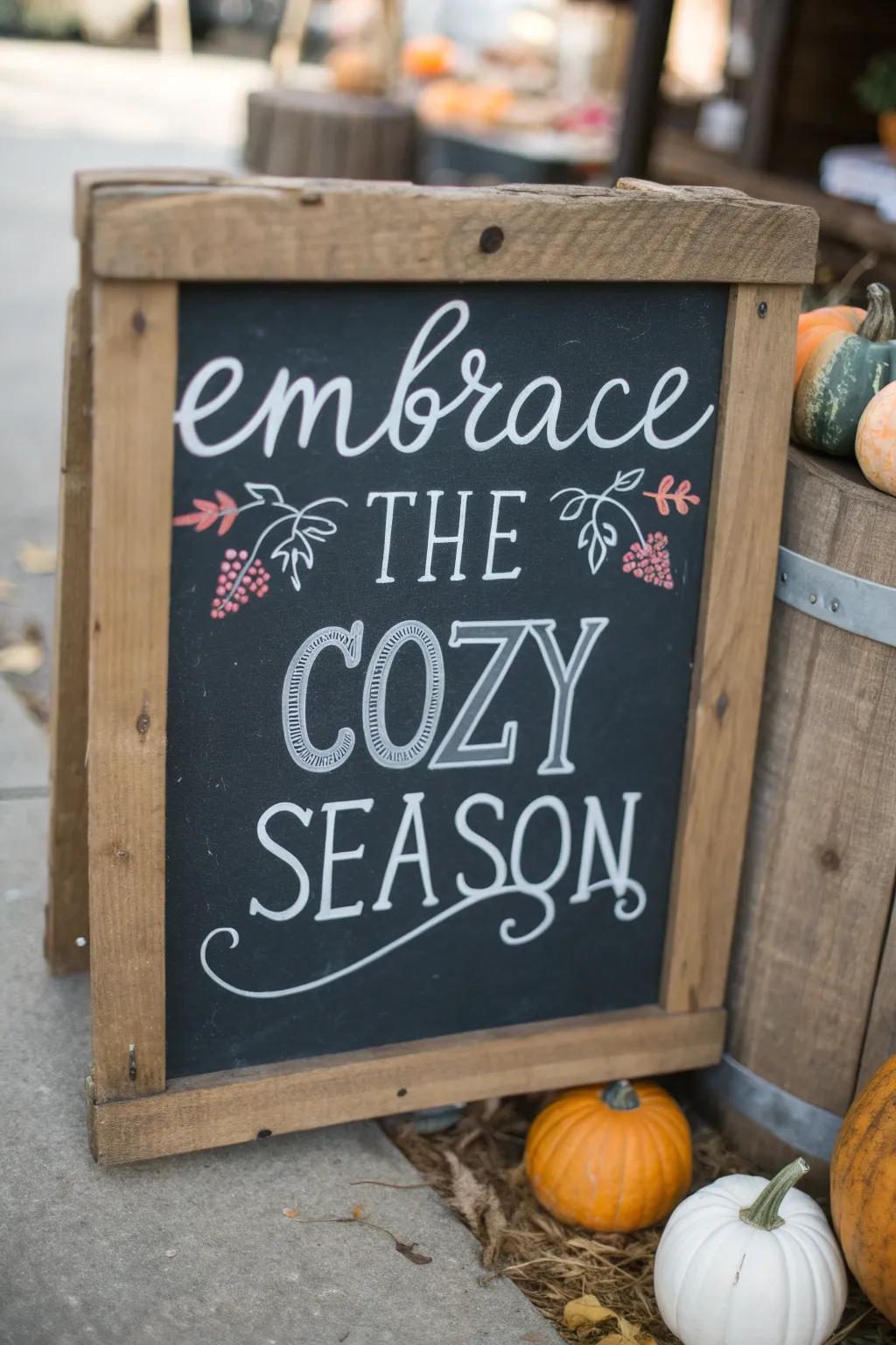A beautifully hand-lettered fall quote on a chalkboard with pumpkin illustrations.