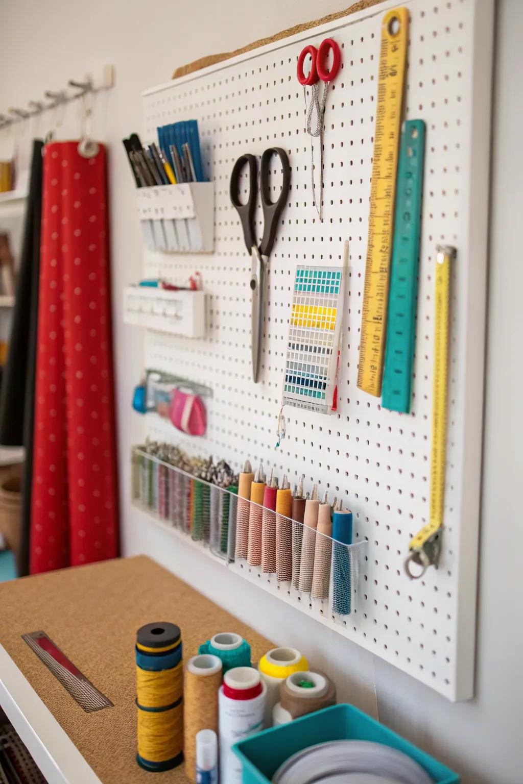 A pegboard puts essential tools within reach.