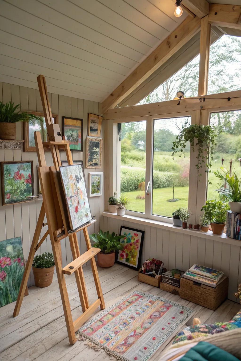A tranquil setting encouraging creativity inside a she shed art space.