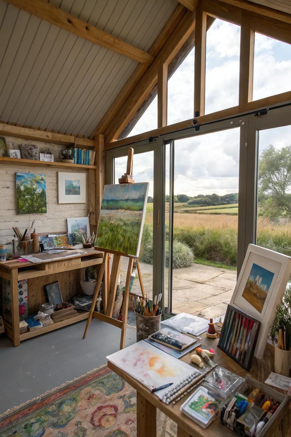 Bask your she shed in natural light by adding large windows, perfect for artistic creativity.