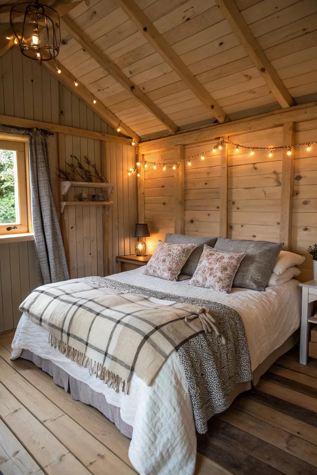 Soft furnishings transform a simple shed into a cozy sanctuary.