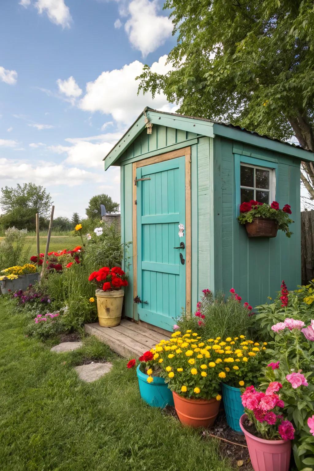 A garden shed showcasing a cerulean door, introducing a dynamic stroke to the garden's appearance.
