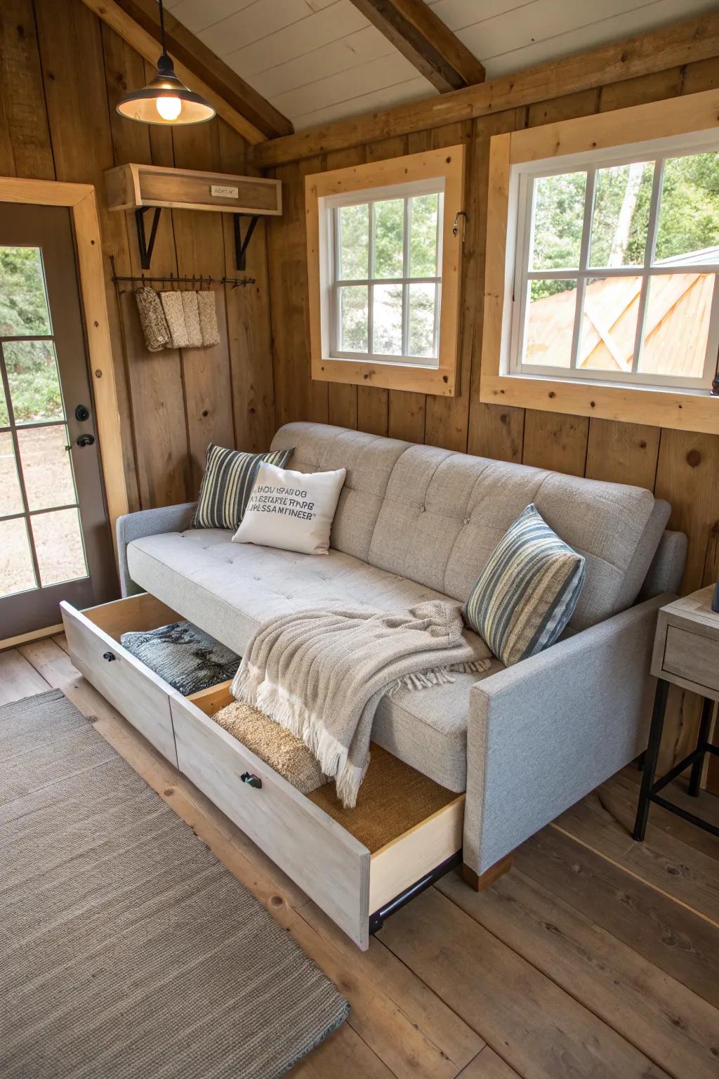 Versatile furniture maximizes space in a shed house.