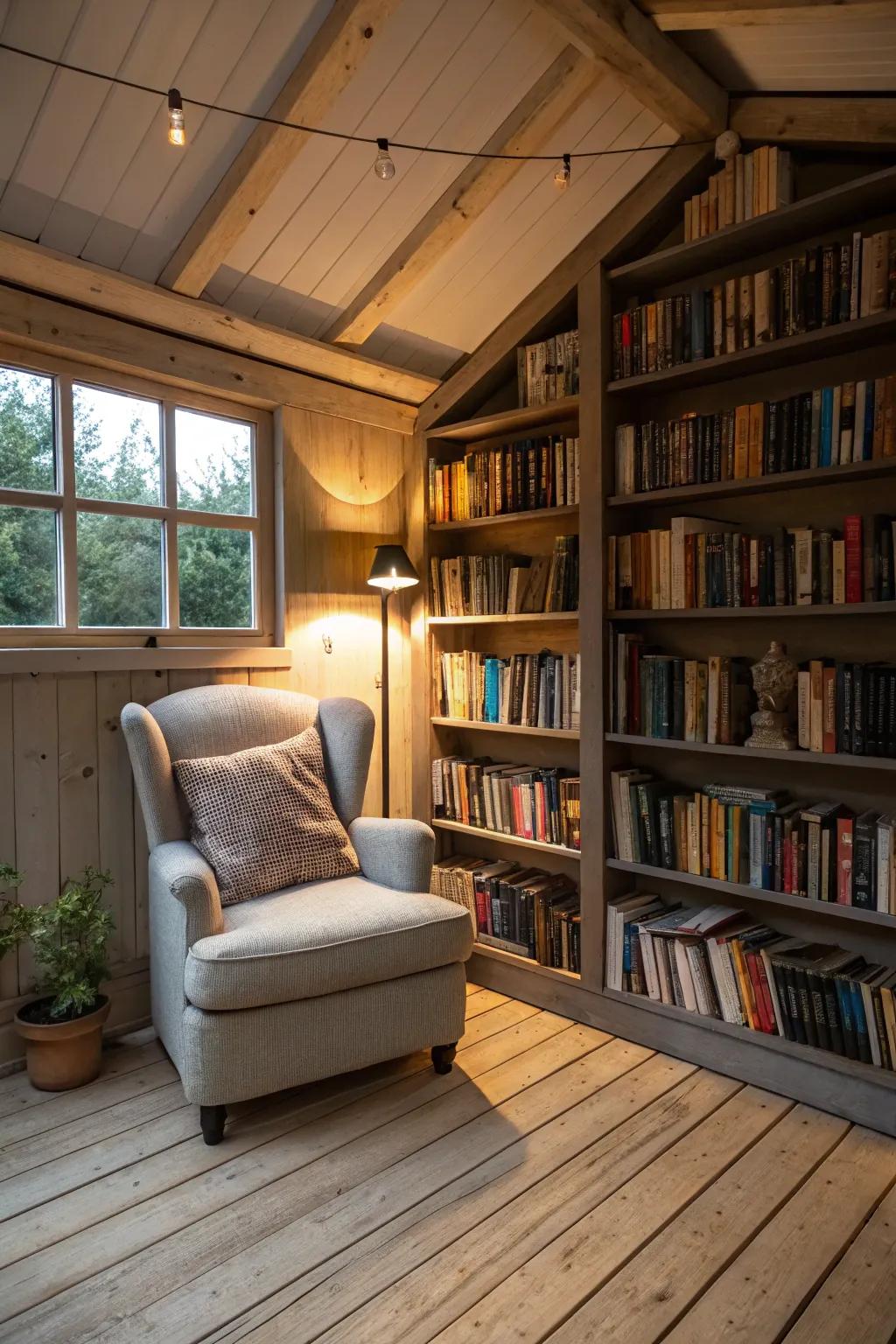 A tranquil reading room shed, ideal for enjoying peaceful moments with a good book.