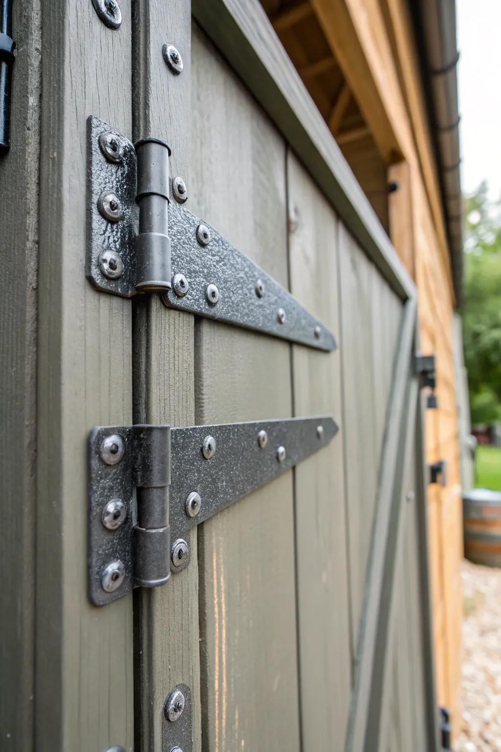 Metallic reinforced hinges deliver enhanced fortitude and security to a shed entryway.