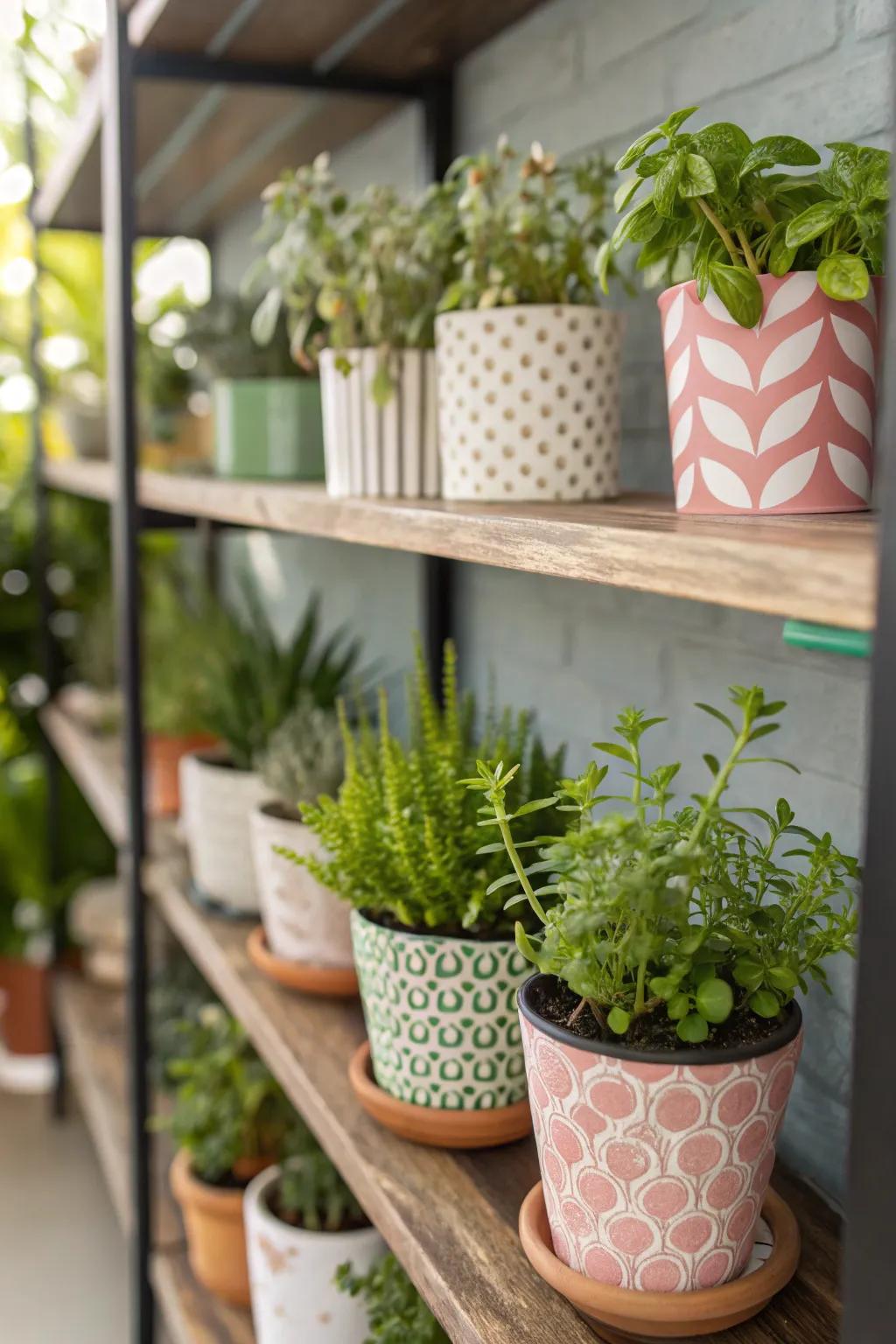 A shelf decorated with small potted plants and verdant foliage.
