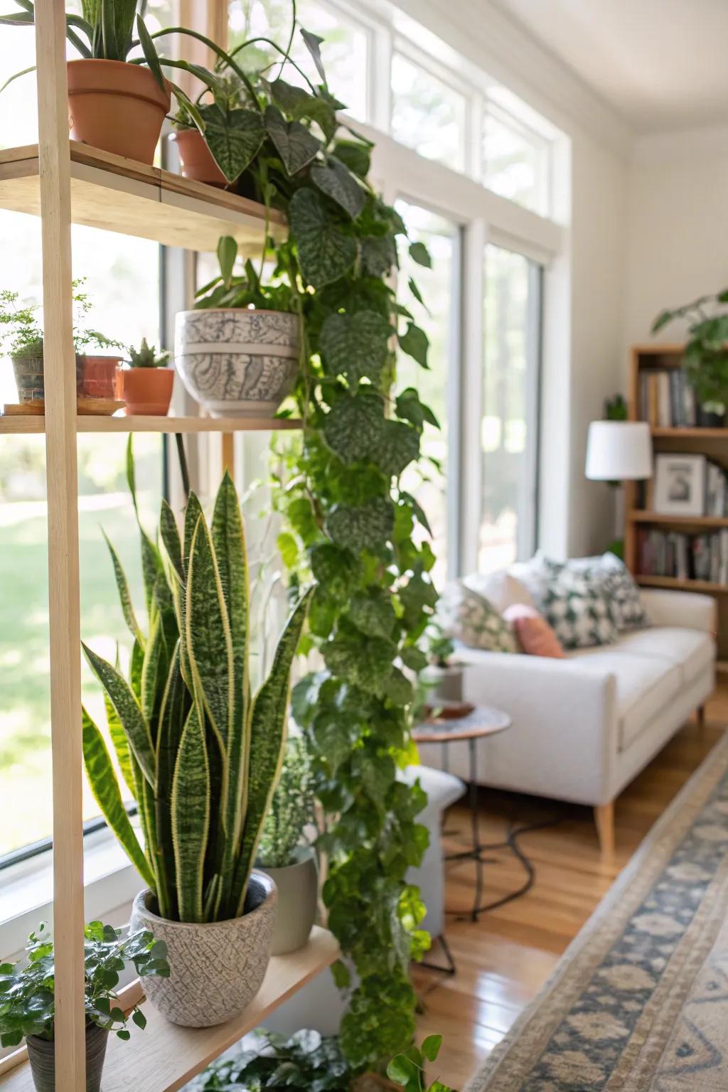 Shelves are enlivened with interior vegetation, seamlessly merging the outdoors with the indoors.