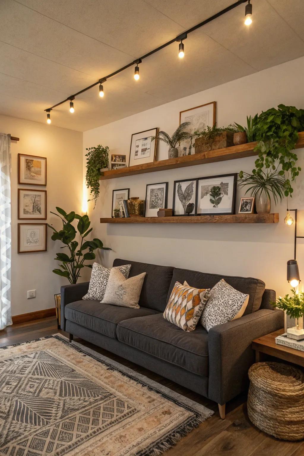 Floating shelves give off a weightless and spacious vibe.
