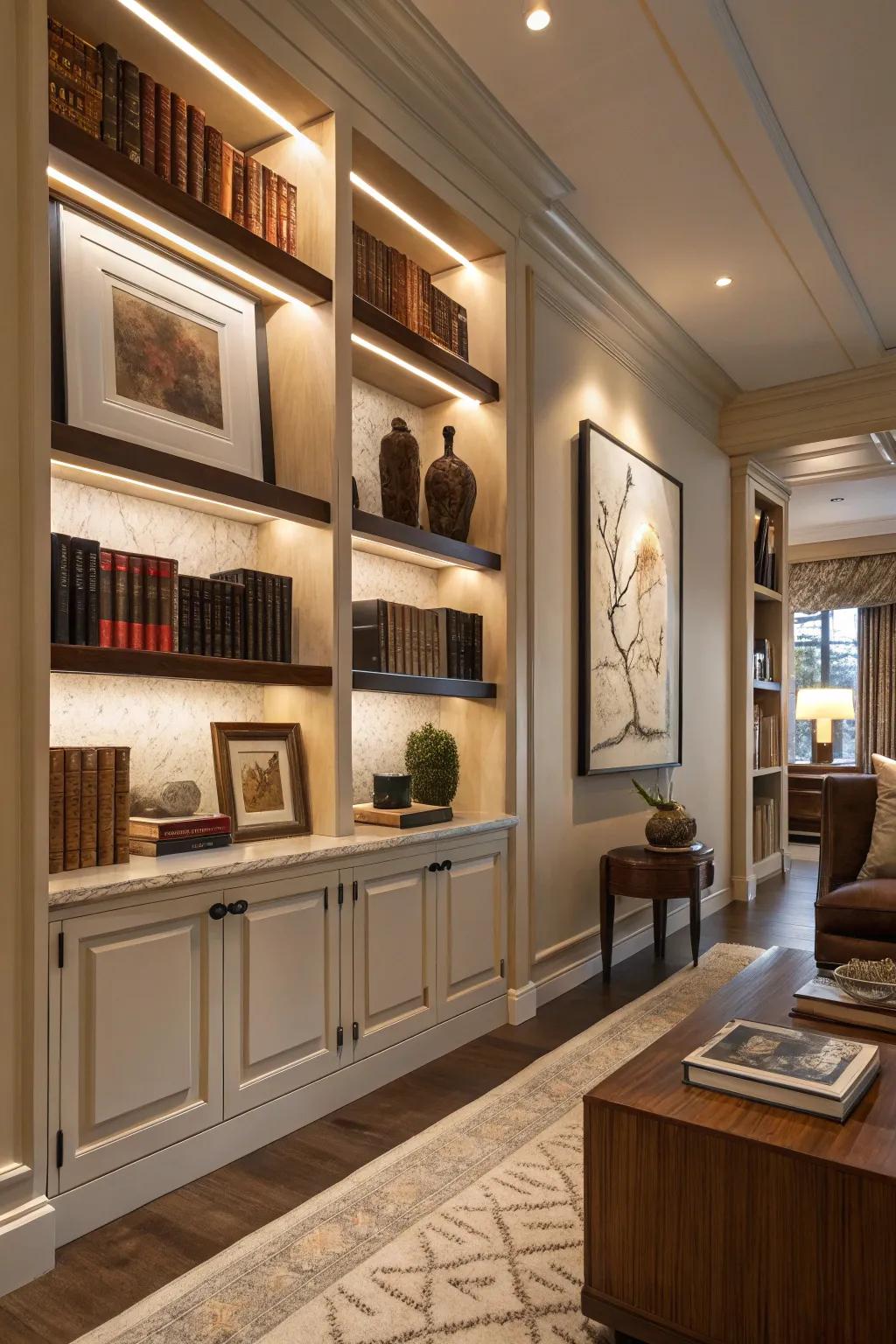 A fusion of art and literature creates an elegant and inspiring shelf arrangement.