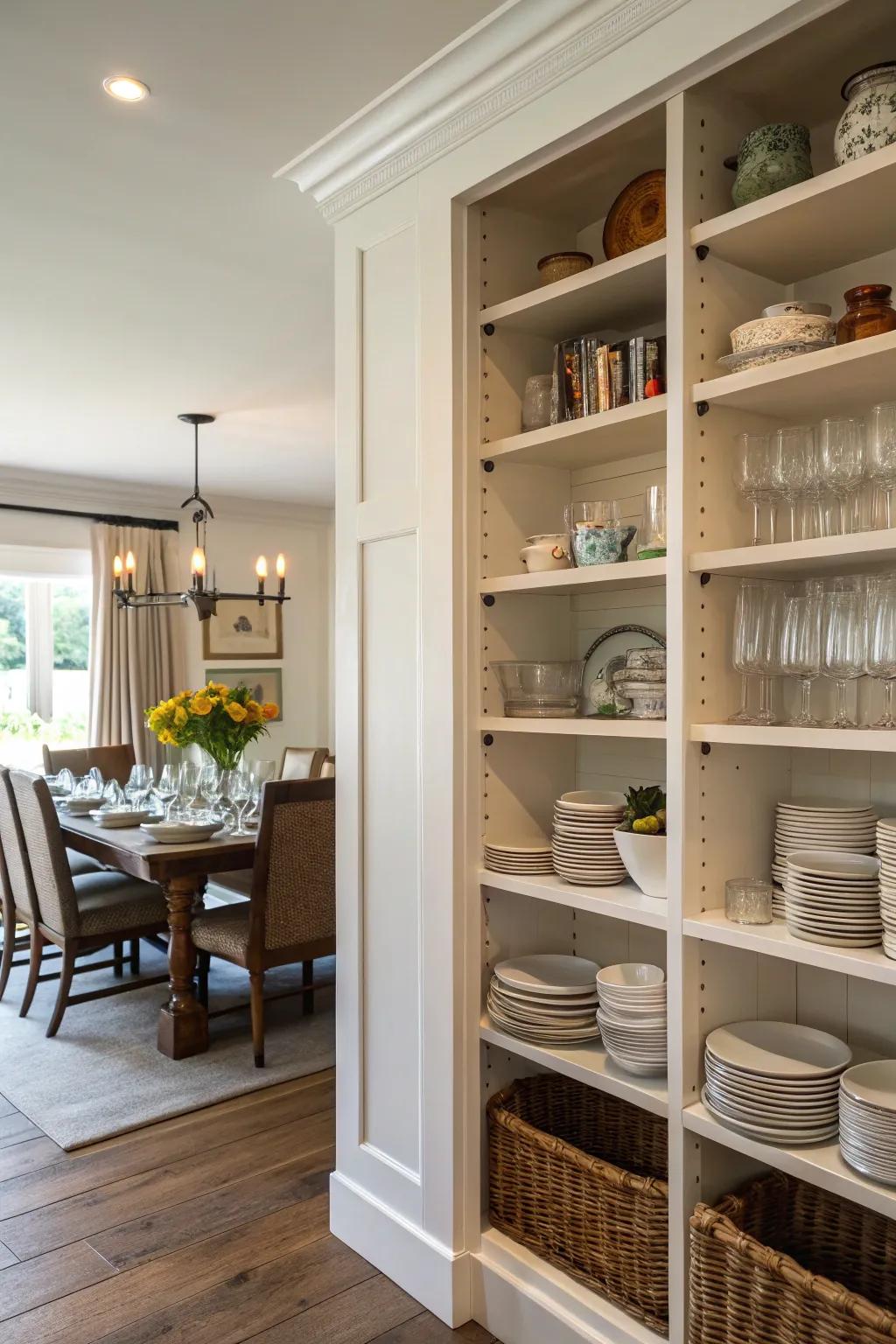 Accessible and stylish, open shelving ensures dining necessities are always within reach.