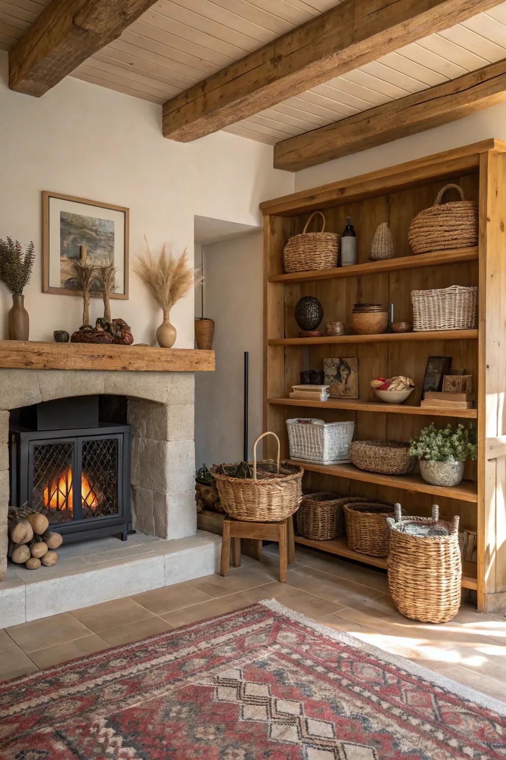 Weathered wood shelves enrich the area with country-style appeal.