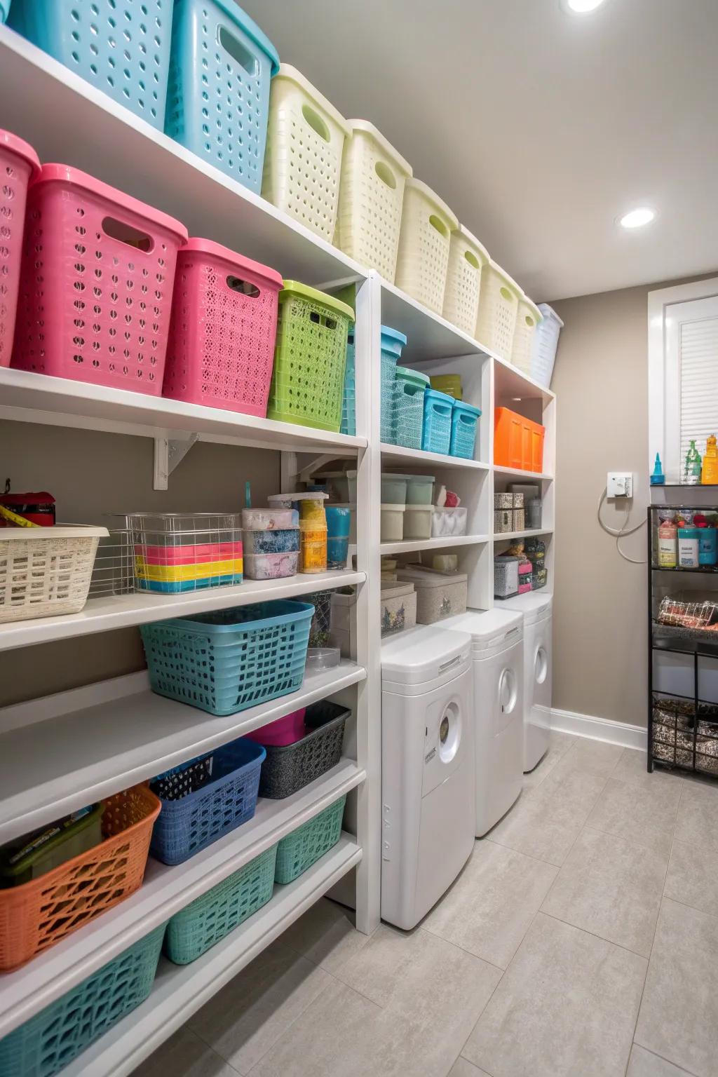 Baskets and containers on shelves in a laundry room, creating a neat and organized appearance.