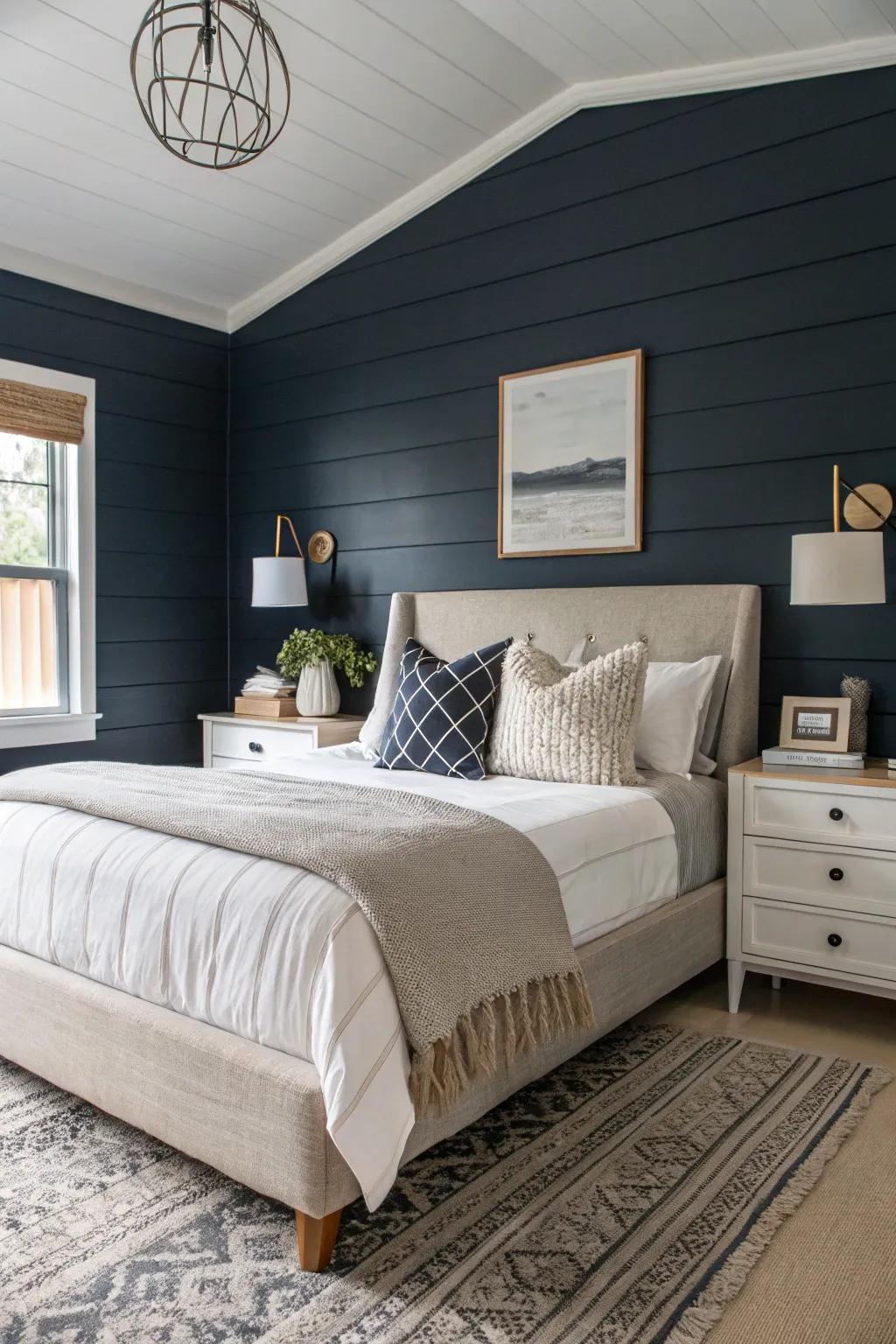 Dark shiplap injects a daring and dramatic touch to any bedroom.