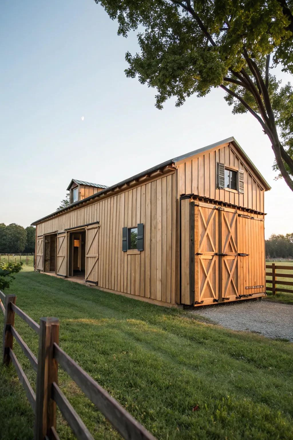 A shipping container barn with charming rustic features.