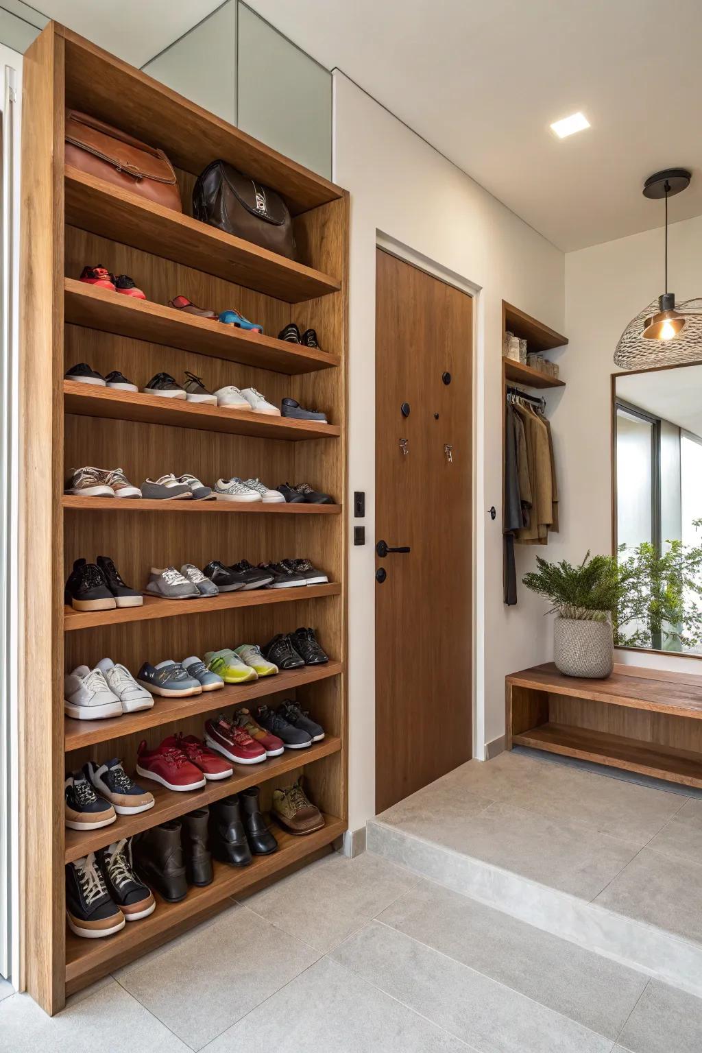 Display shelving offers easy access to often worn footwear.