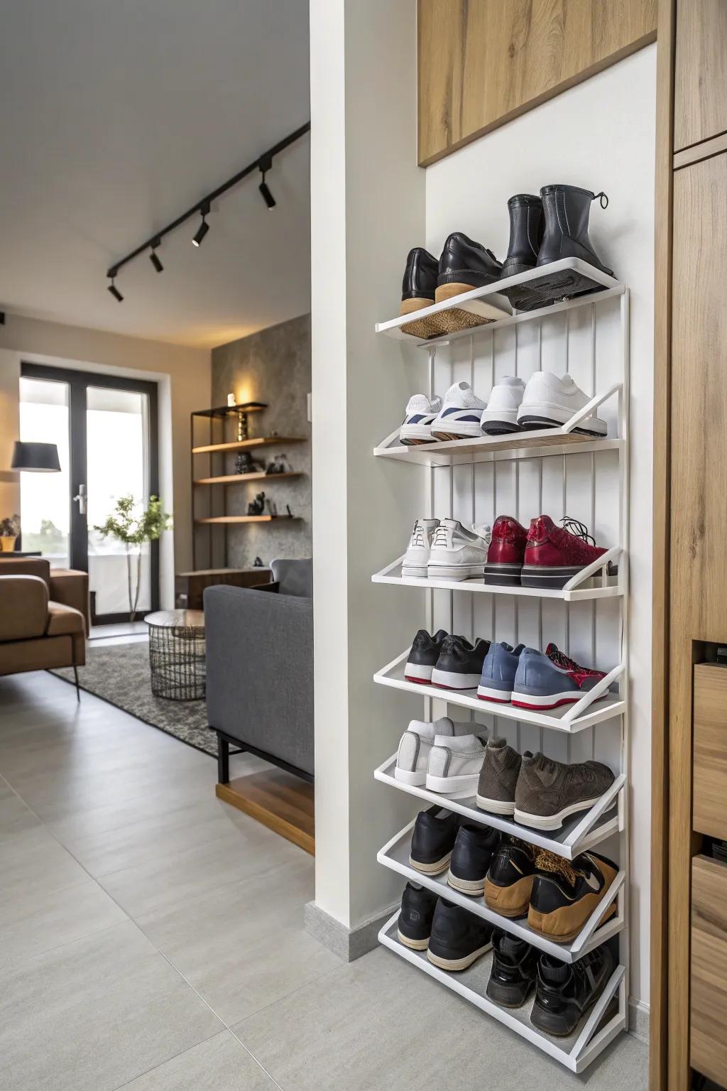 Incorporate style and conserve space with wall-mounted shoe racks.