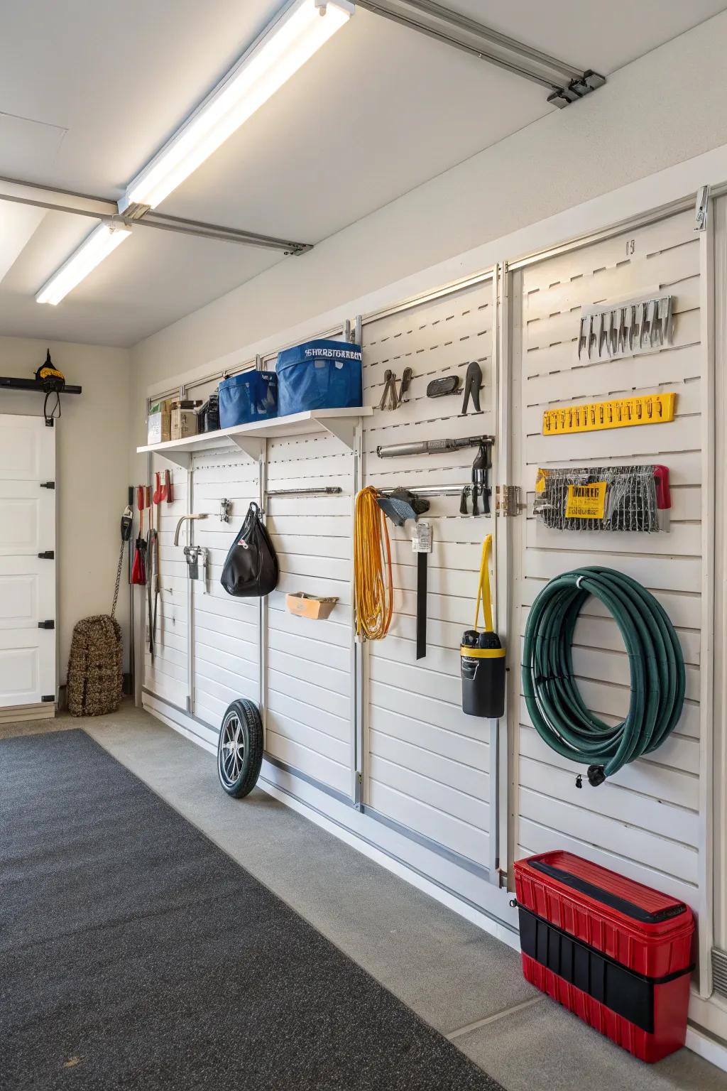 Slatwall panels with versatile storage options.