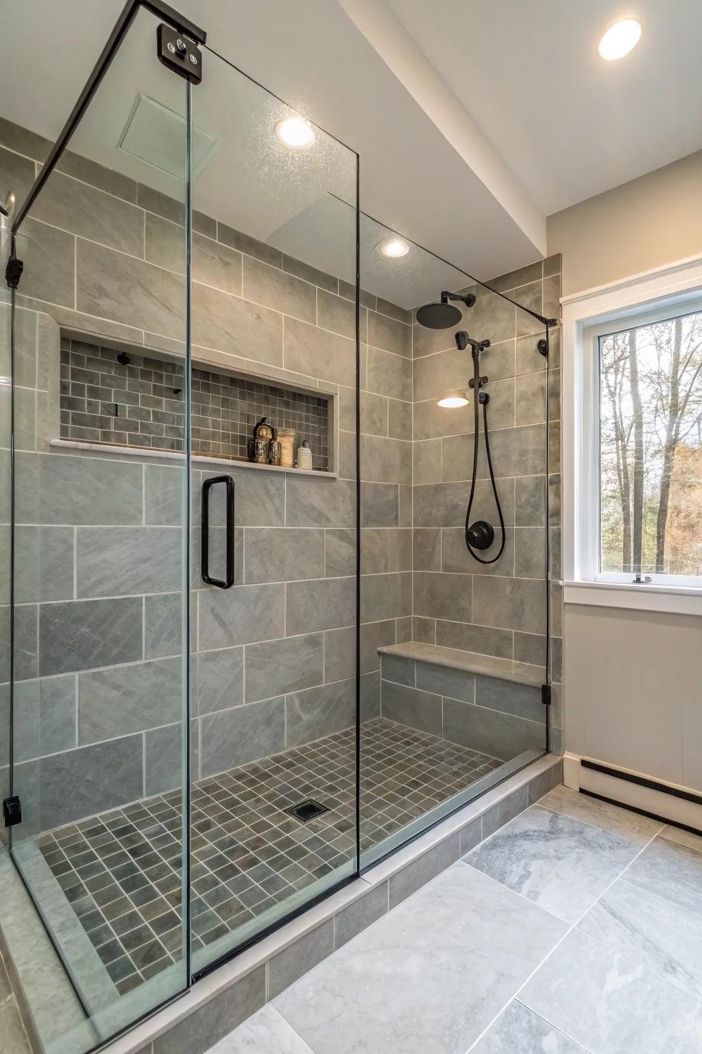 A spacious walk-in shower boosts both style and practicality.