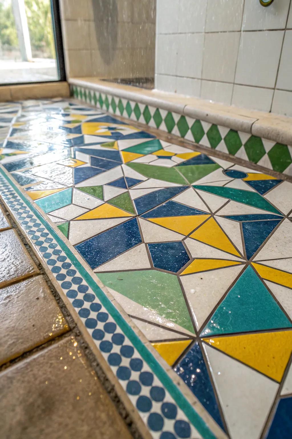 Geometric designs transform your shower floor into an enthralling visual spectacle.