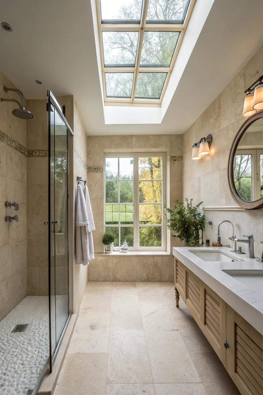 A washroom lit up with sunlight, amplifying its spaciousness.