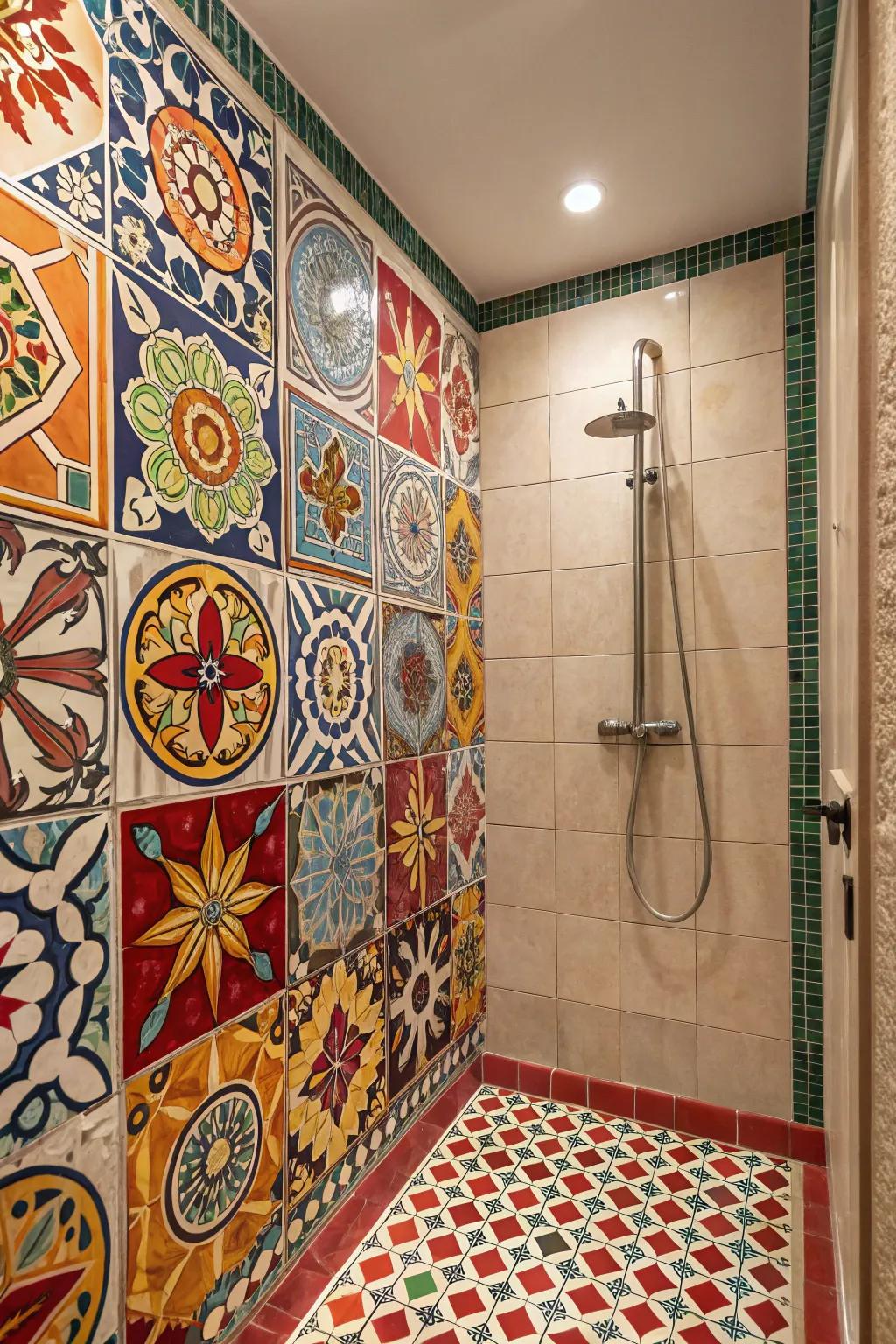 A shower stall showcasing lively tiles that make a daring statement.