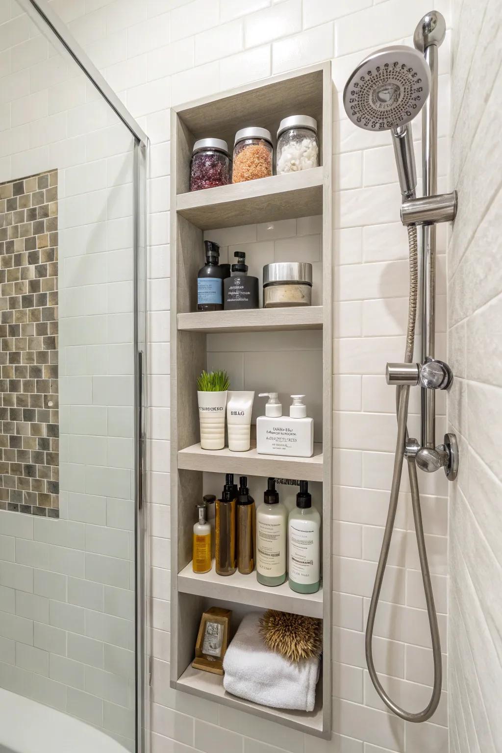 A recessed niche provides a pure and consistent storage alternative.