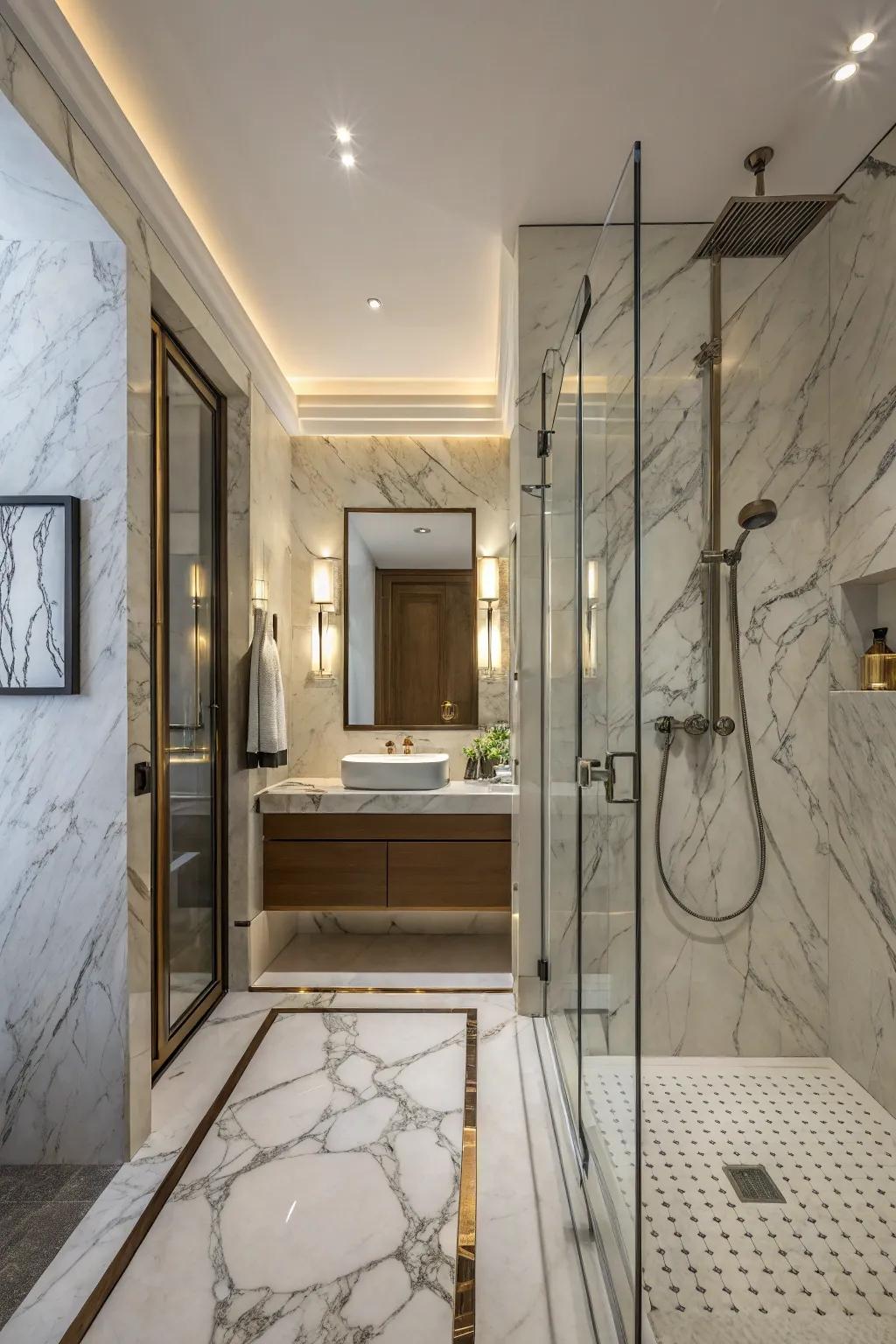 Marble walls saturate your shower with lasting refinement.