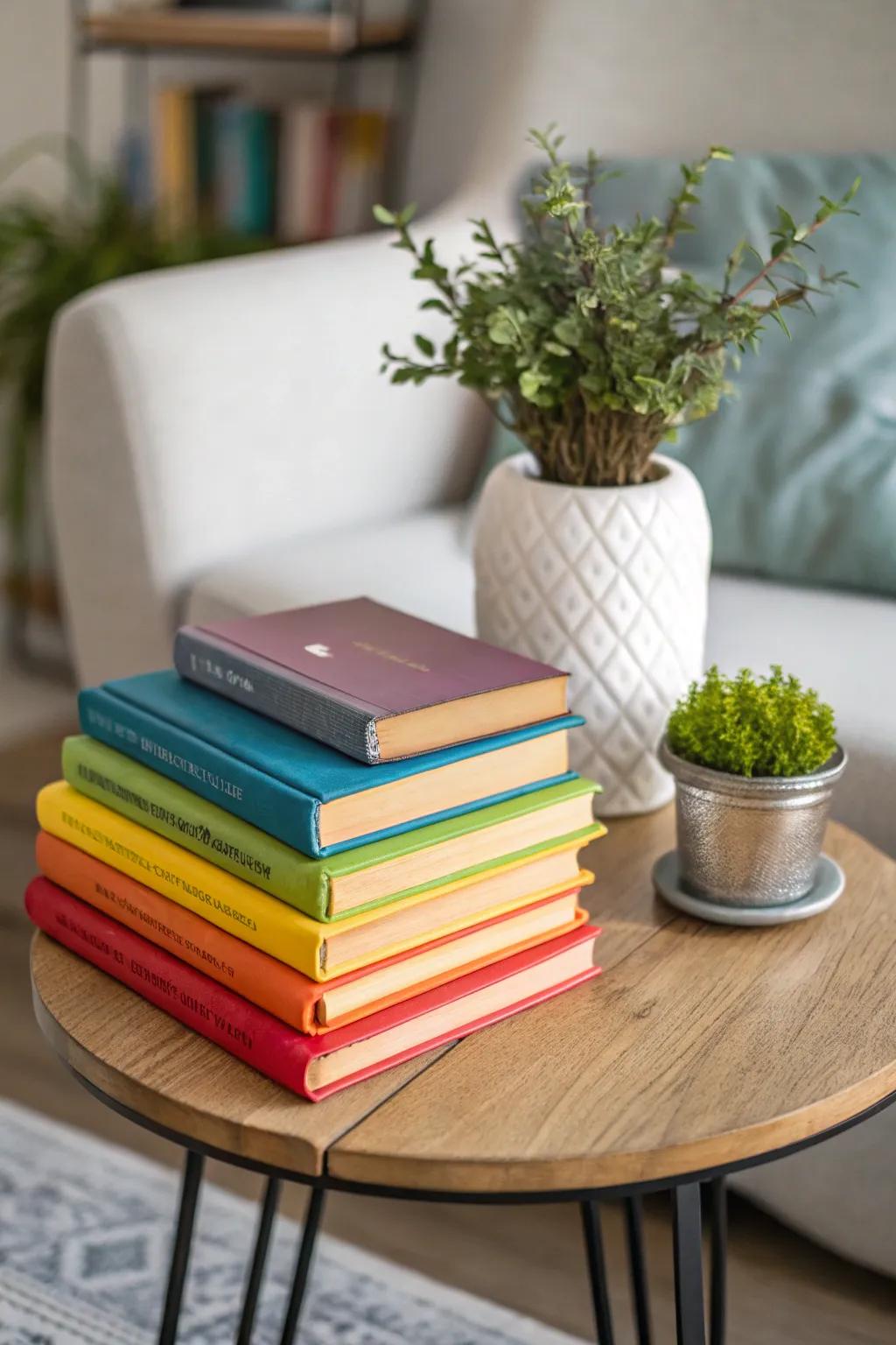 A side table styled with a stack of vibrant books and verdant plant life.