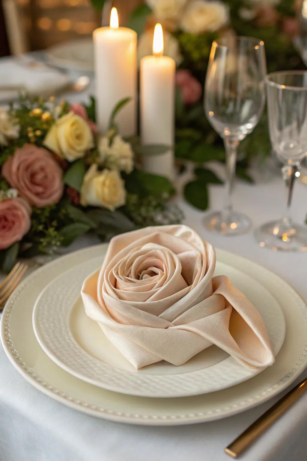 A silken cloth skillfully arranged into a flower, great for making a loving dining feel.
