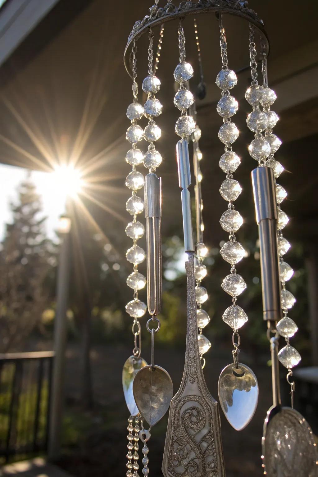 Luminous beads append a dazzling shimmer to this silverware wind chime.