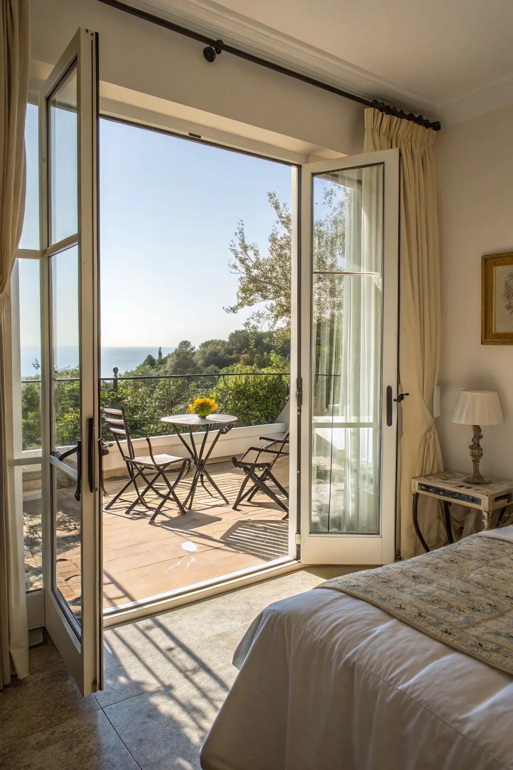 A bright, airy bedroom features wide glass doors that connect to the balcony.