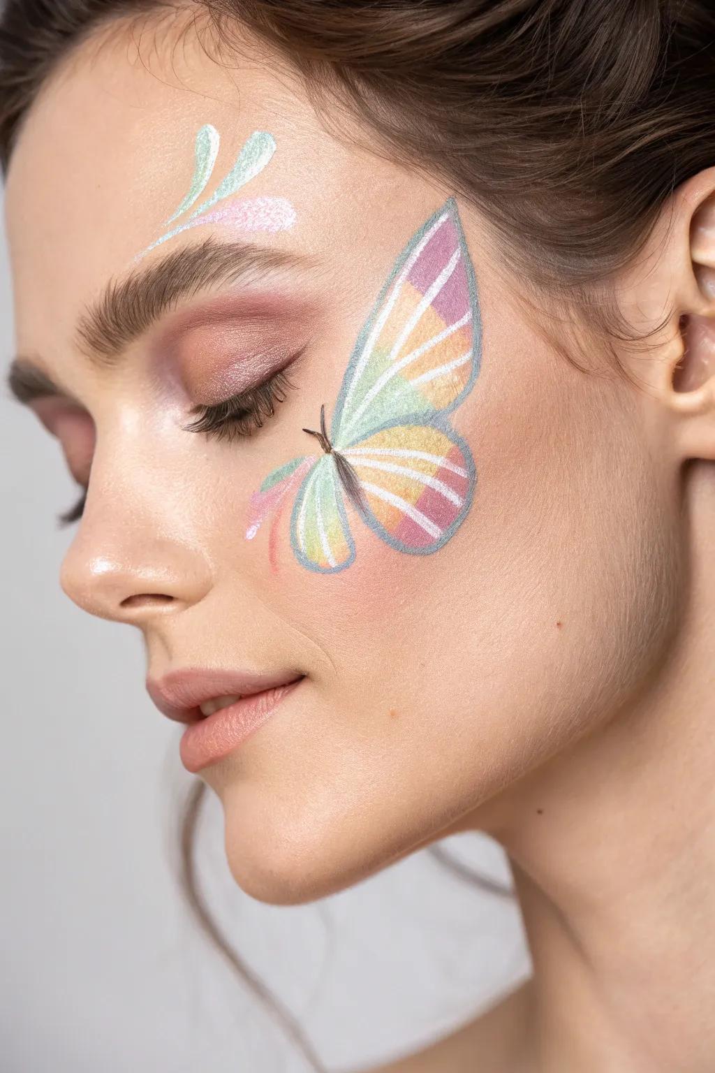 Embrace the elegance of rainbow wings with minimalist butterfly face paint.