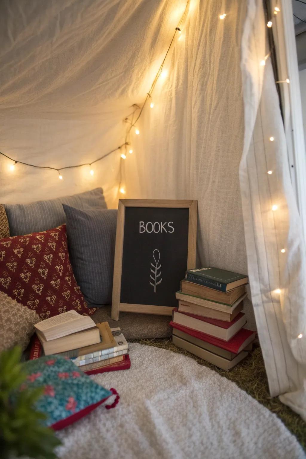 Reading nook featuring a slate board inscription about the delight of narratives.