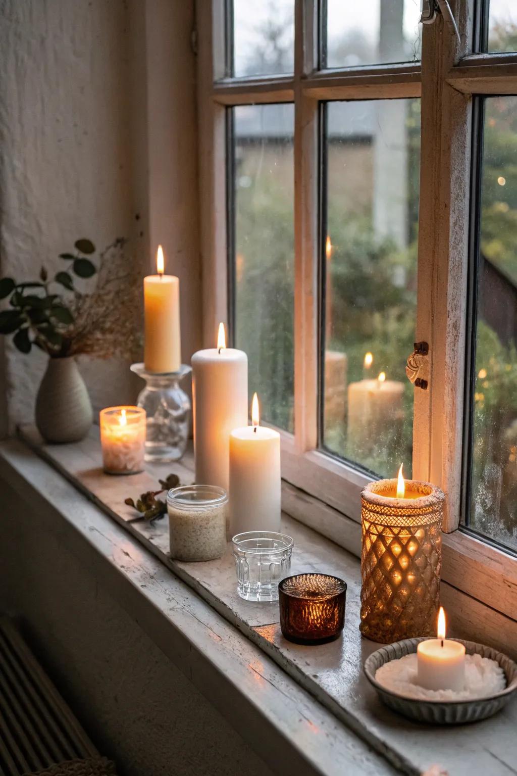 Conjure a captivating radiance by arranging an assortment of candles on your windowsill.