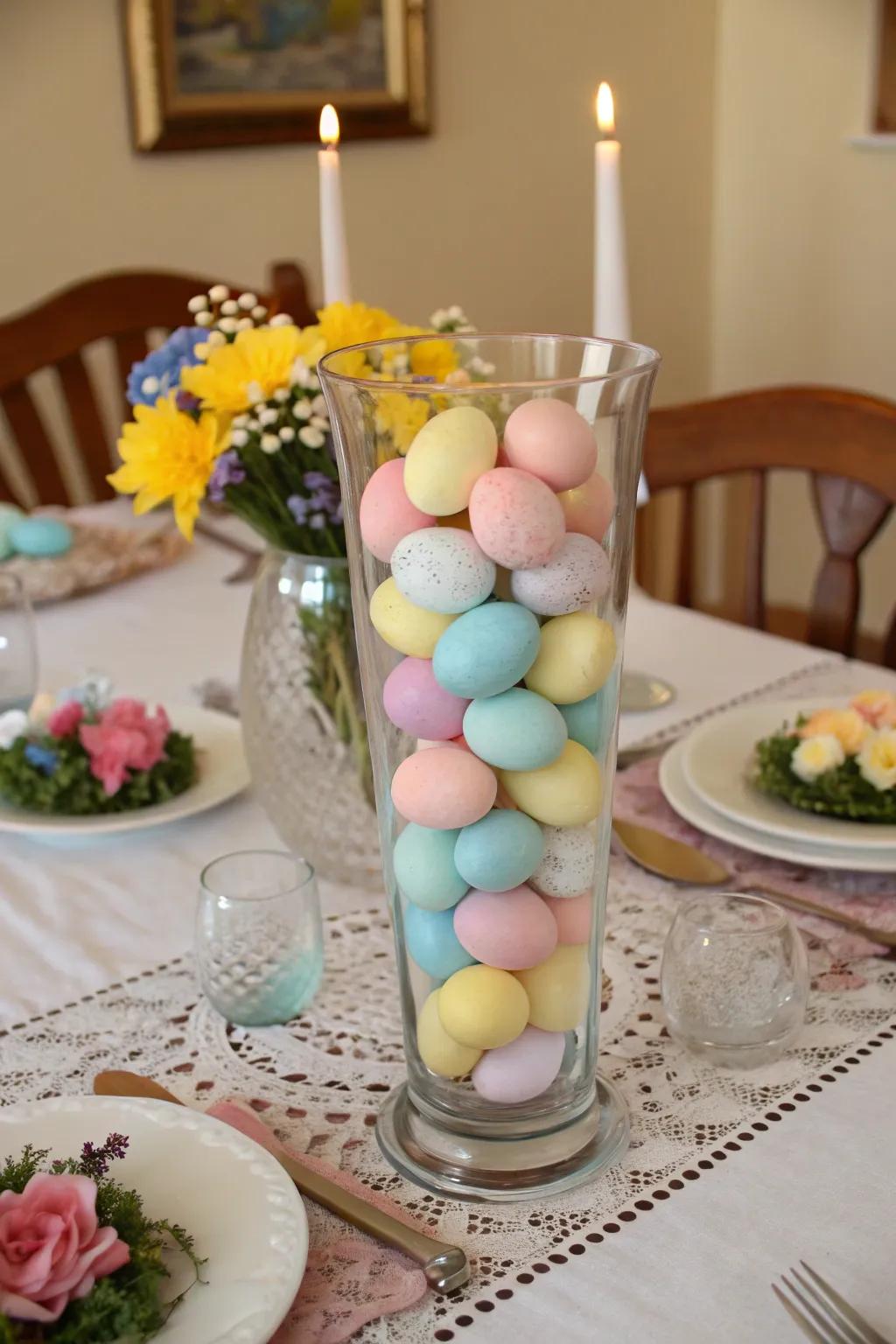 A vase of pastel eggs adds playful color to the table.