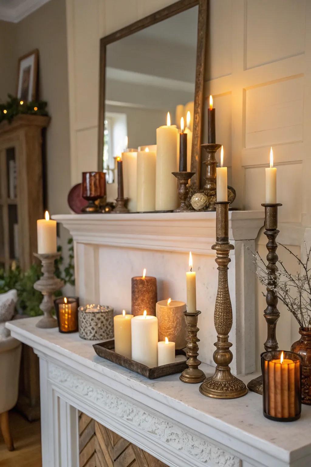 A comforting configuration of tapers lighting up the mantel.