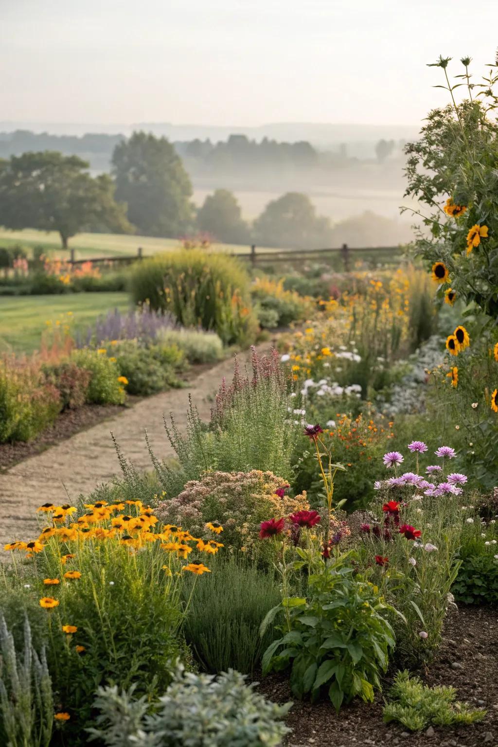 A naturalistic garden where wildflowers mingle with cultivated plants.