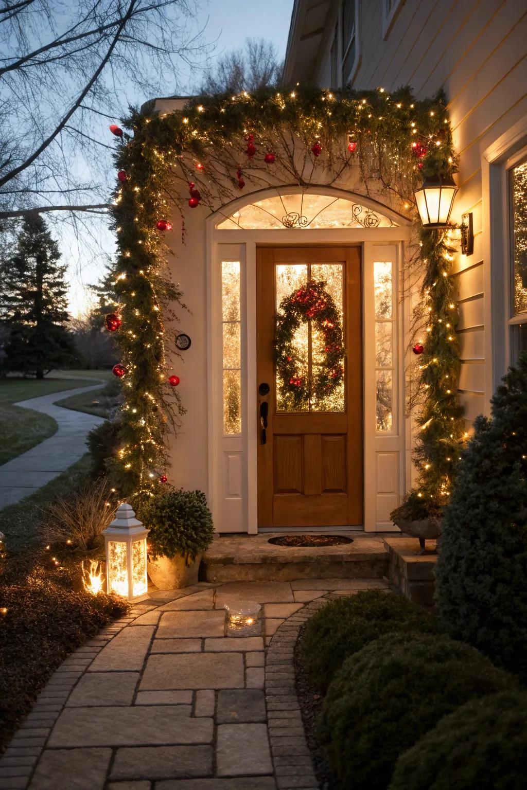 Garlands paired with twinkle lights beautifully accentuate a festive entryway.