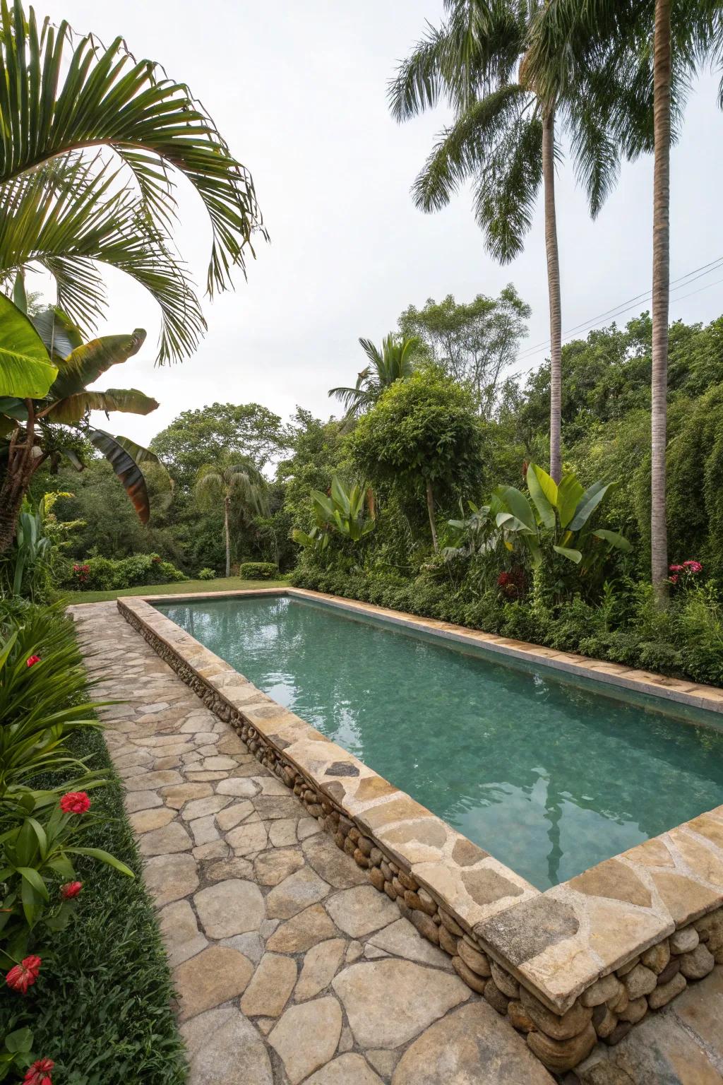 Borders made of natural stone elevate the refinement of a rectangular pool.