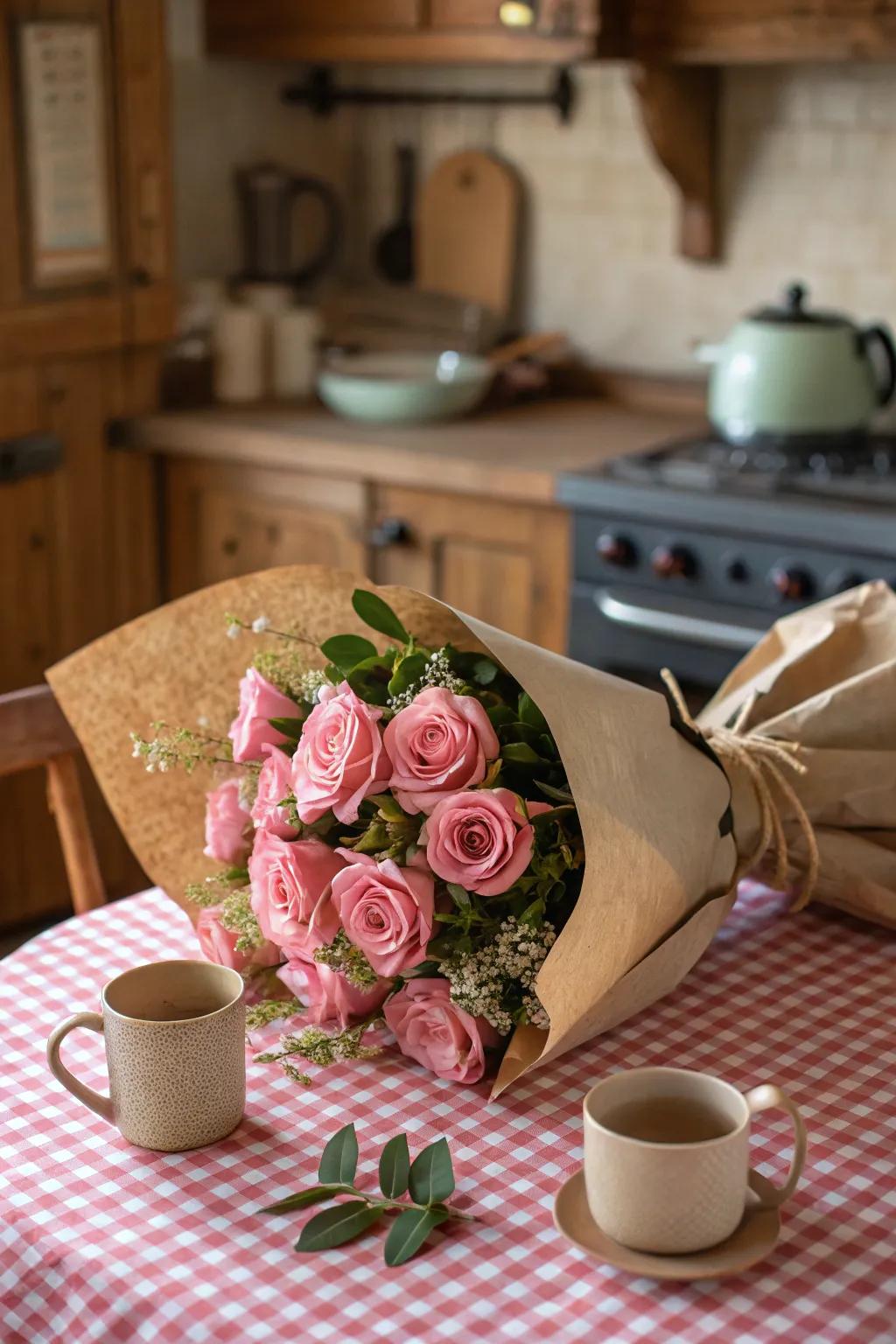 Roses wrapped in natural package wrap for a rustic feel.