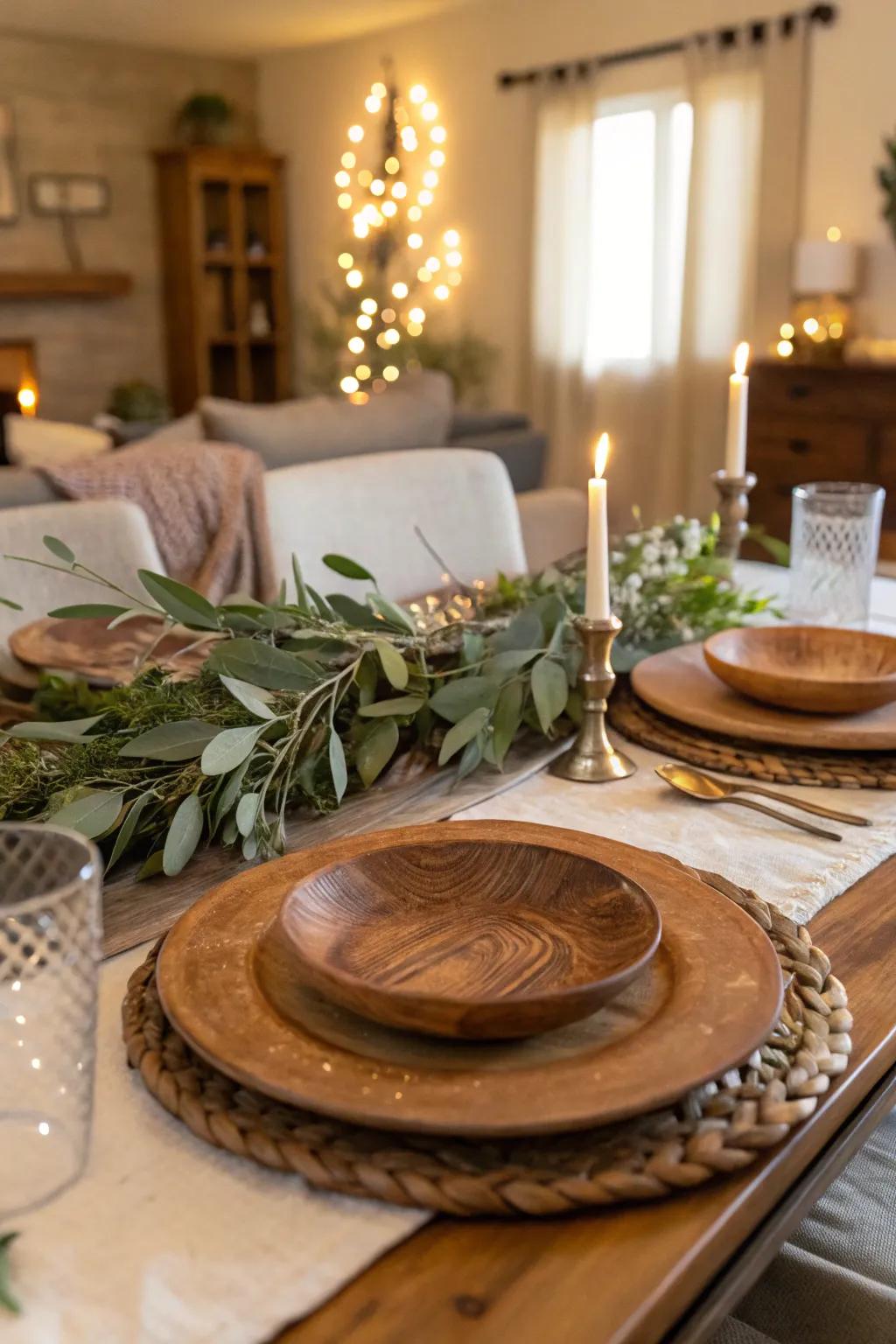 Timber chargers enriching the warmth of a rustic dining atmosphere.