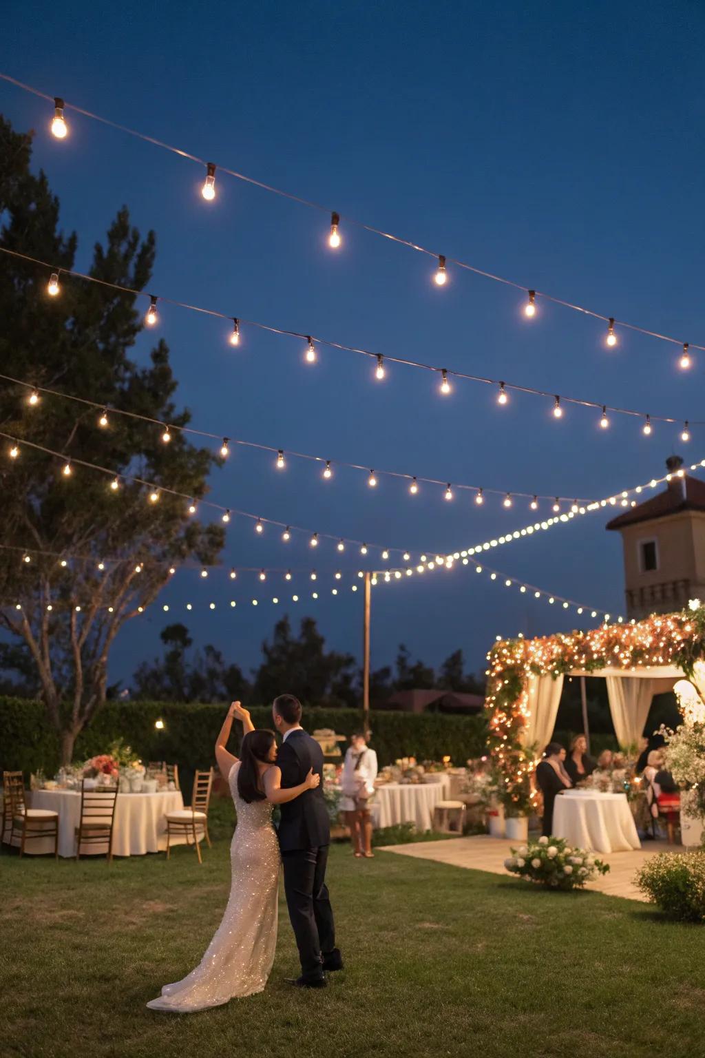 Radiant strands gracefully draped to conjure a dreamy wedding ambiance.