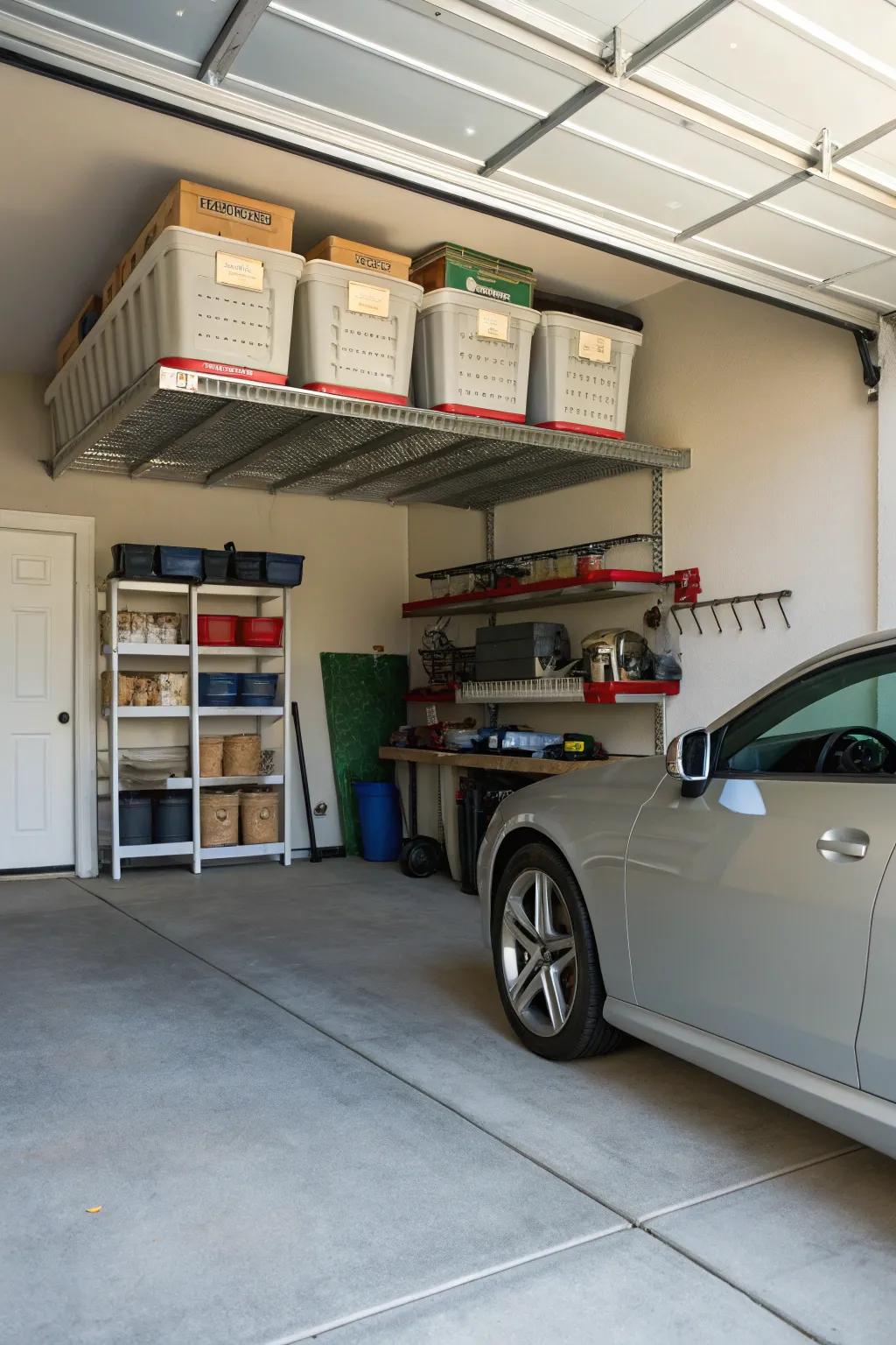 Items used infrequently are kept neatly out of sight by overhead storage.