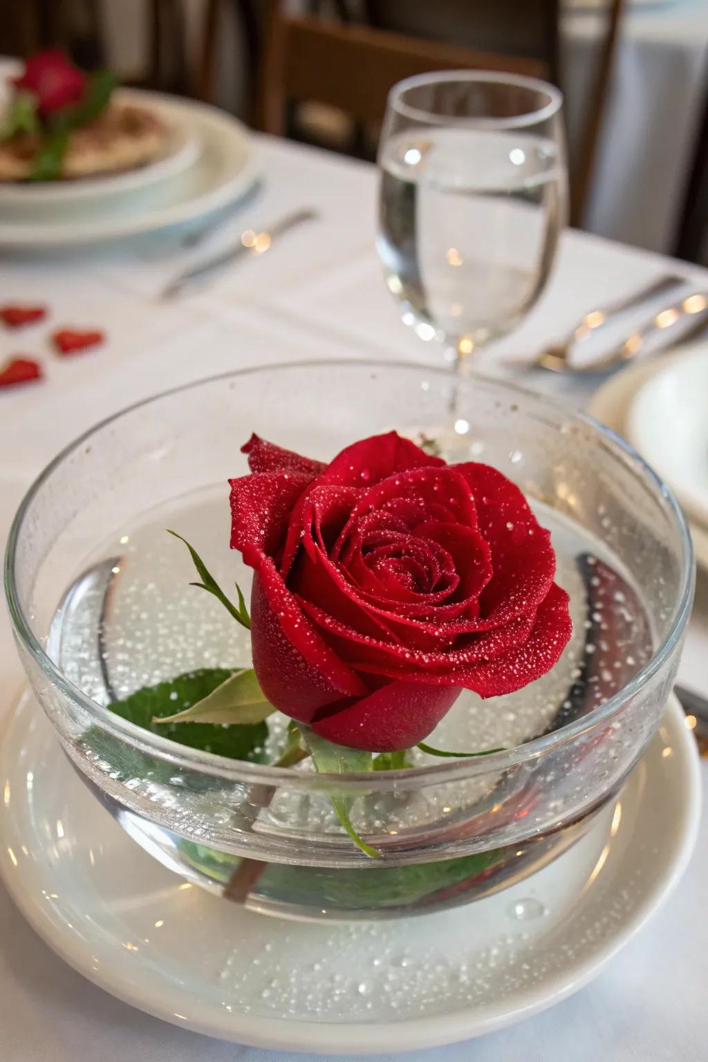 A floating rose centerpiece enhances the refinement of your dining space.