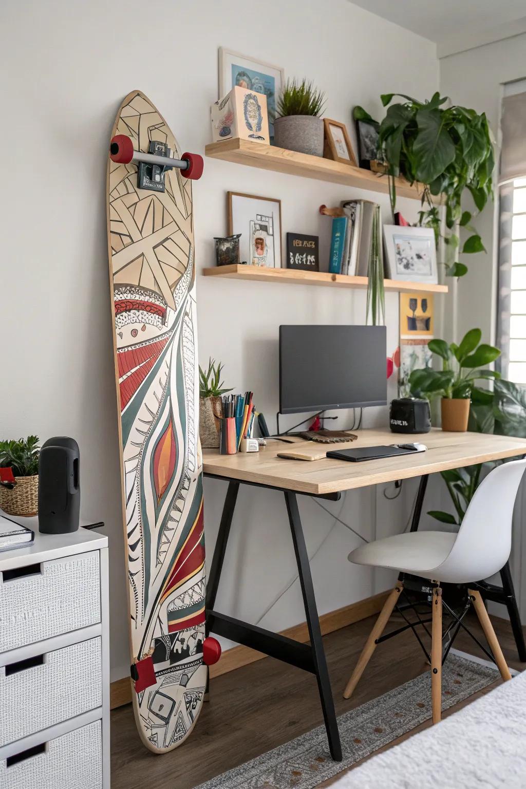 Bring creative vibes to your workspace with skateboard expression.